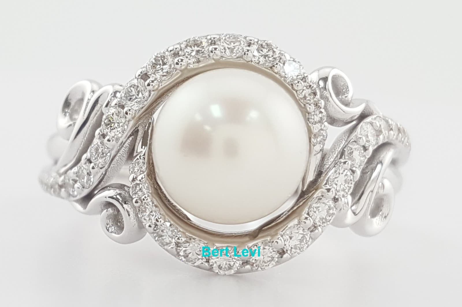 Akoya Pearl Diamond Halo Ring 7.5 mm 0.33 ct 14K White Gold Retail $1,995