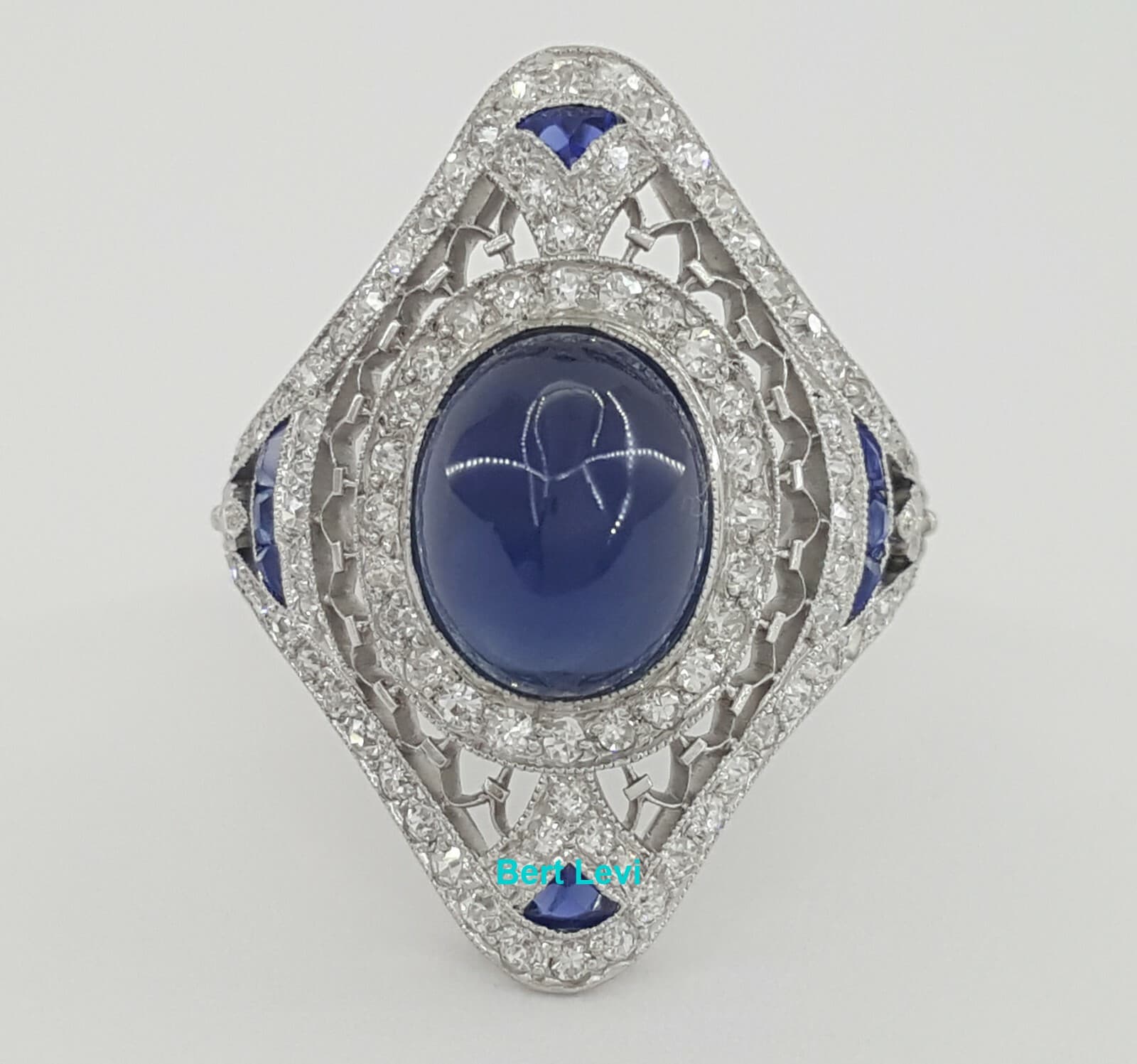 Vintage Art Deco Platinum Sugarloaf Sapphire & Old Mine Diamond Ring 6.16 ct