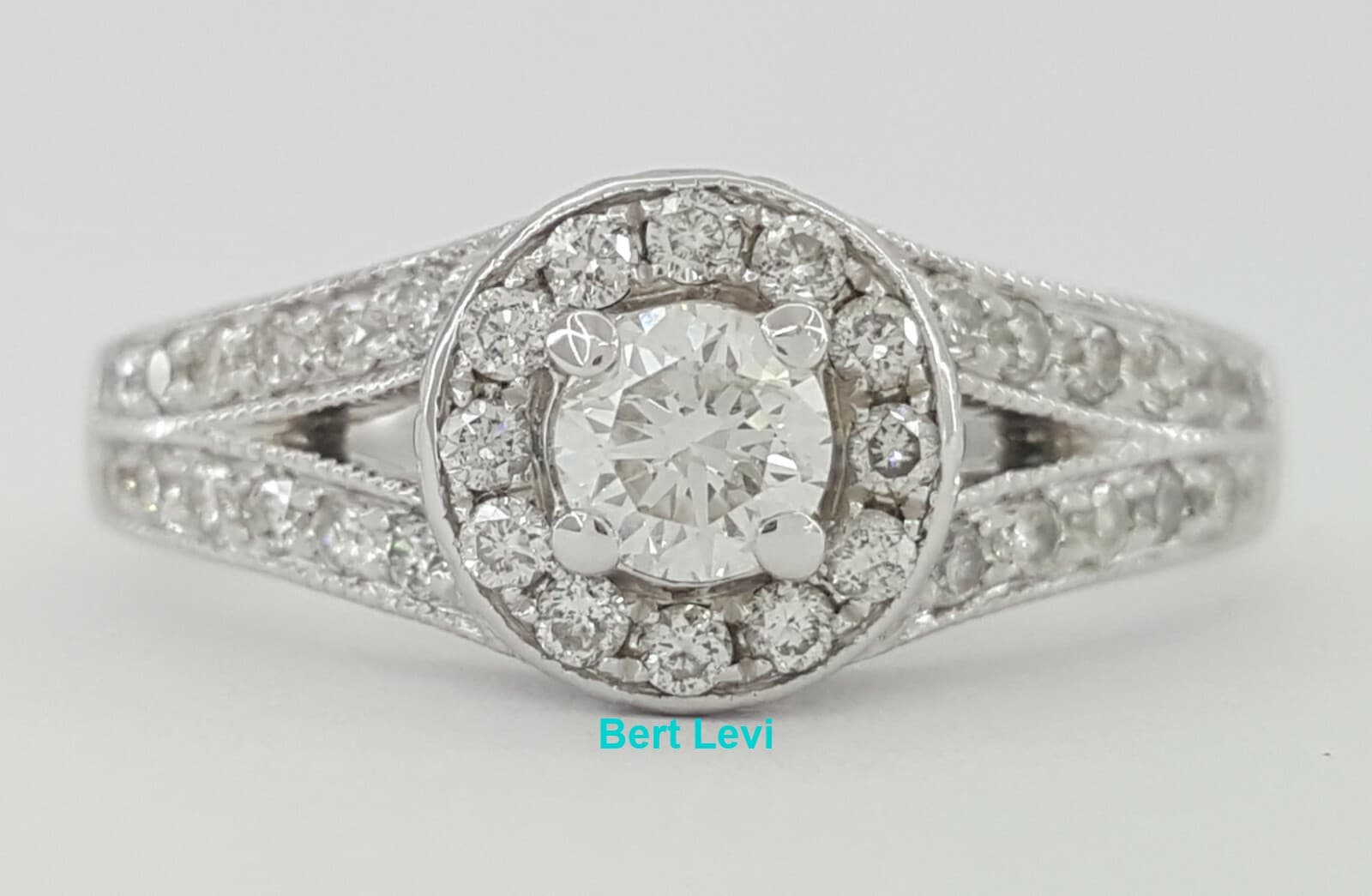 0.61 ct 14k White Gold Round Diamond Halo Split Shank Engagement Ring Rtl $1,999