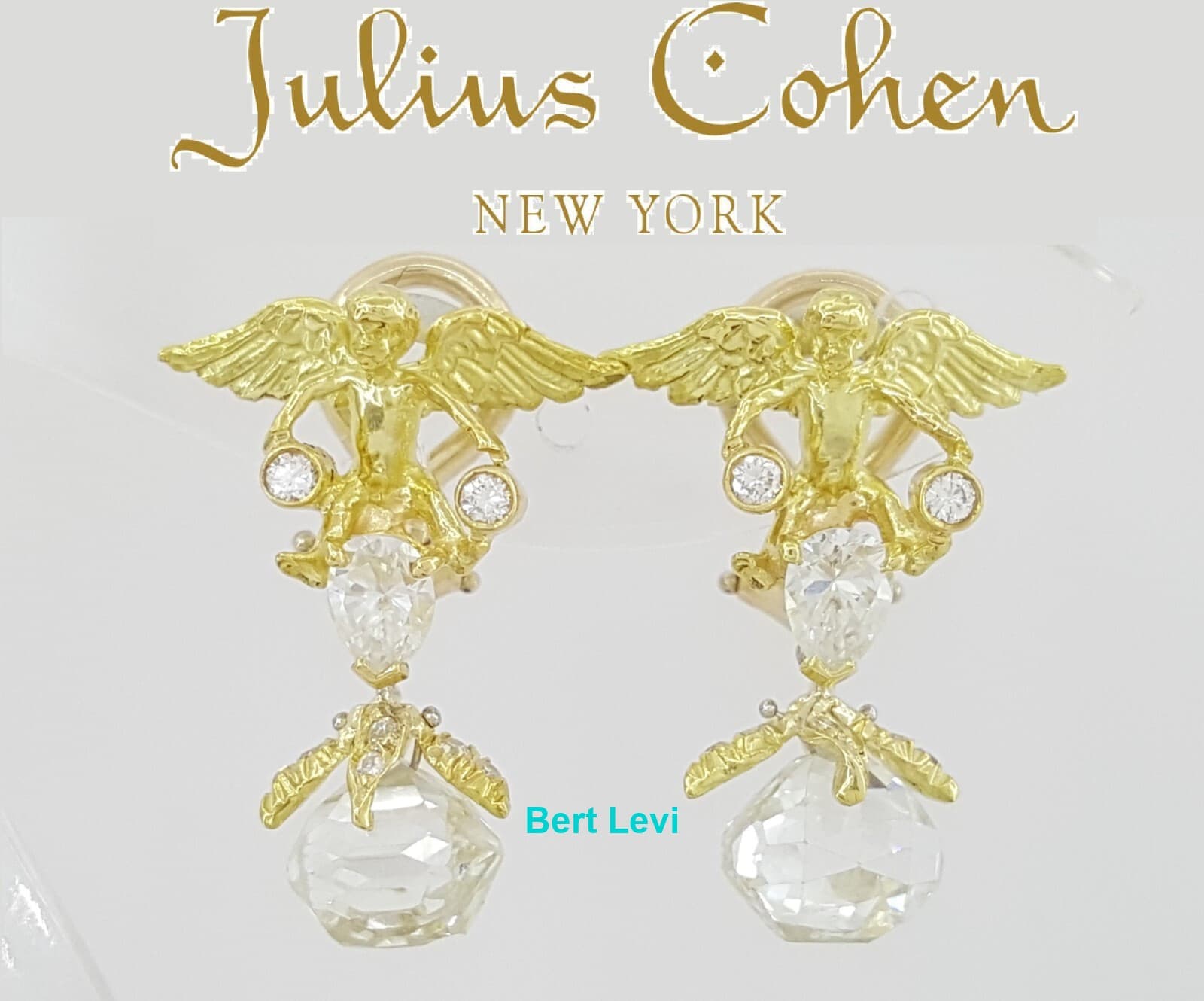 Vintage Julius Cohen 4.37 ct Briolette Diamond 18k Angel Drop Ear-Clip Earrings