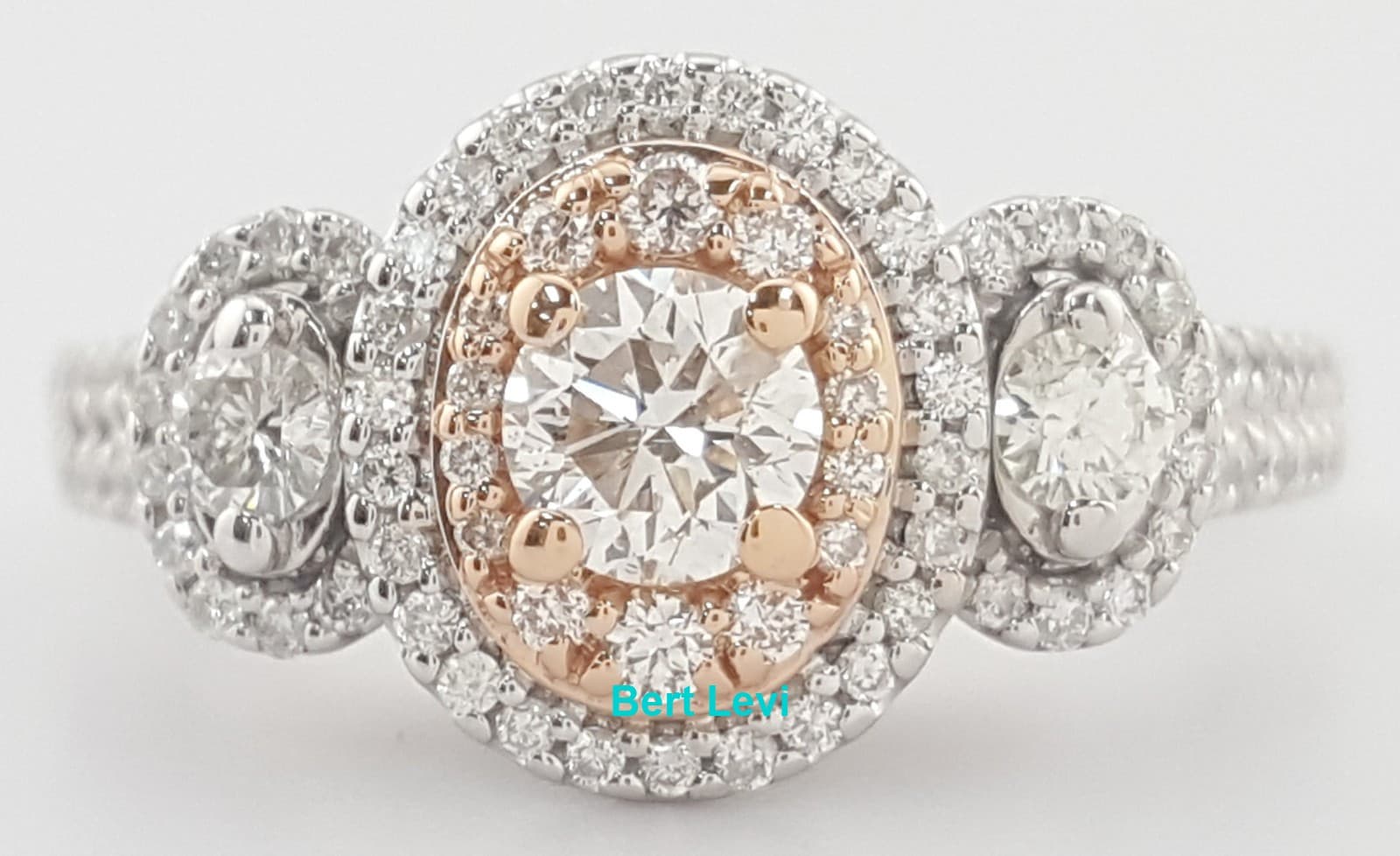 Double Halo Diamond Three 3-Stone Engagement Ring 0.8 ct 14K Multi-Gold Rtl $3K