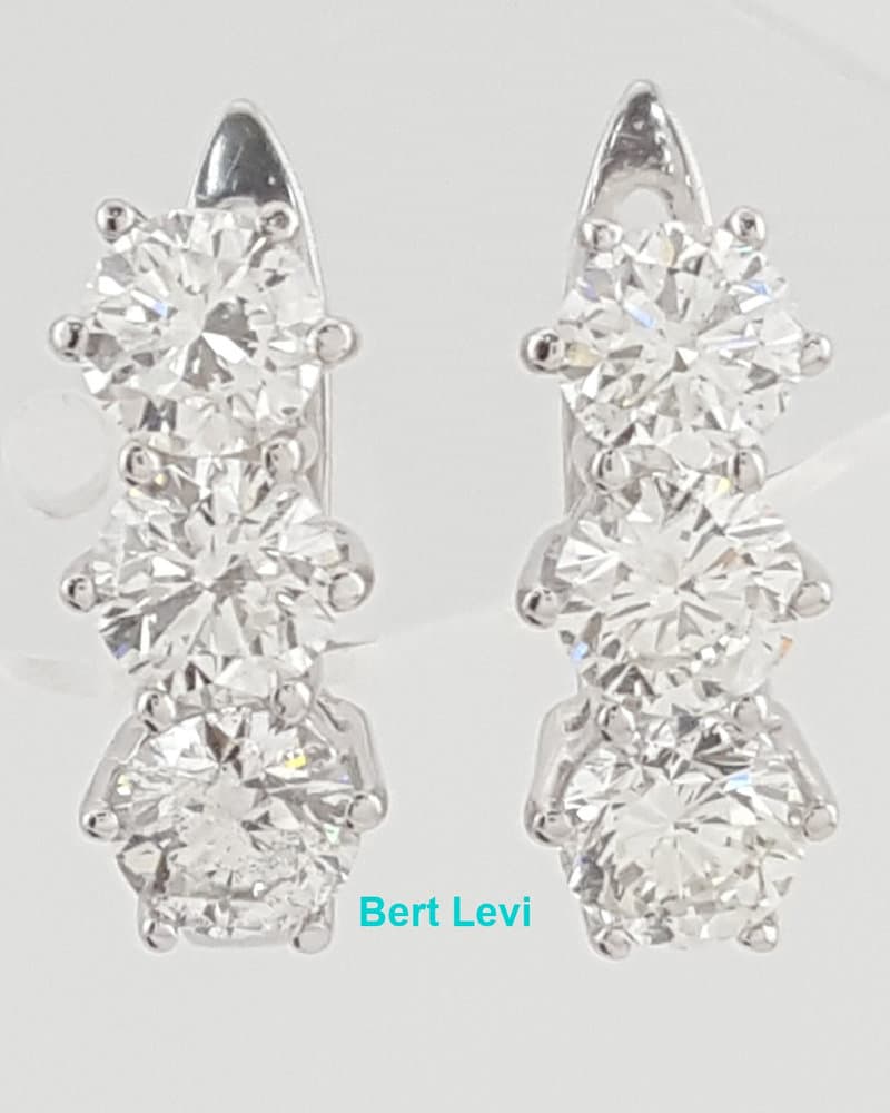 Round Diamond 3 Stone Huggie Earrings 2 ct 18k White Gold Lever Backs Rtl $5.5K