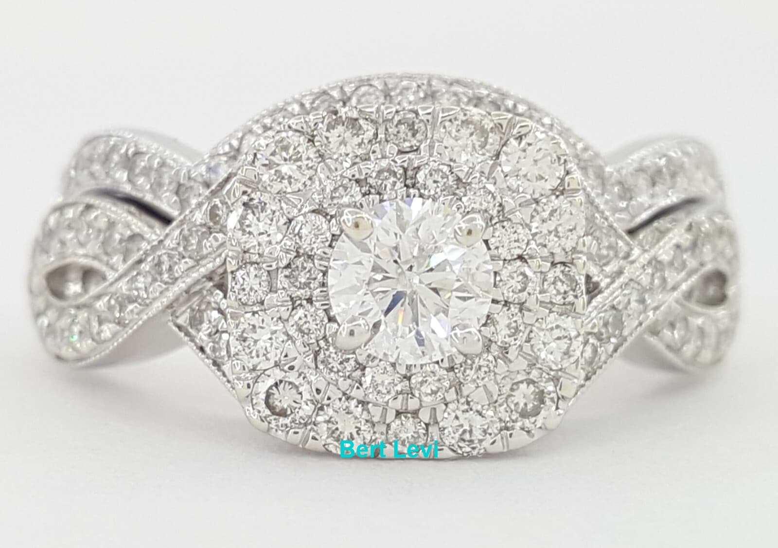 Round Diamond Double Halo Crossover Engagement Ring Set 1 ct 14k W Gold