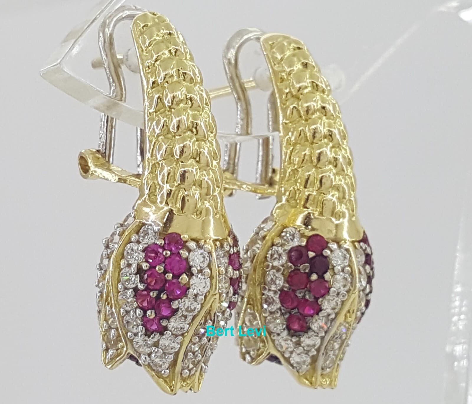 Vintage HIMO Tulip Earrings 18k Yellow Gold 10.3 grams Lab Created Stones