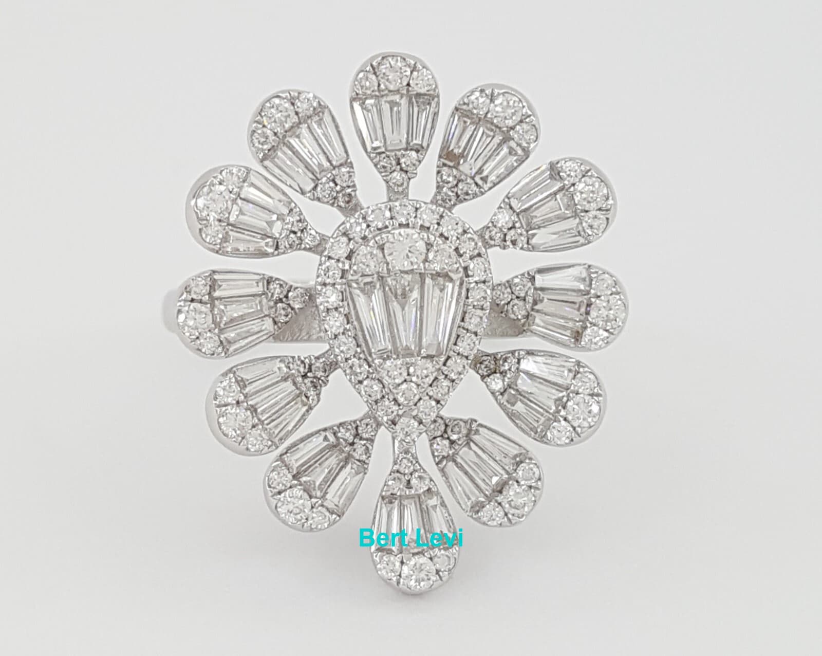 Round & Baguette Cut Diamond Cluster Flower 18k W Gold Statement Ring 1.1 ct