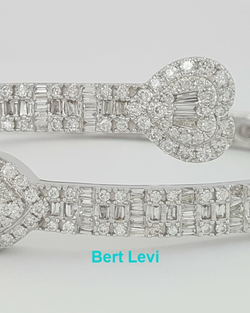 Baguette + Round Diamond Heart Bangle 4.7 ct 14K White Gold 22.2 gram Rtl $10.5K