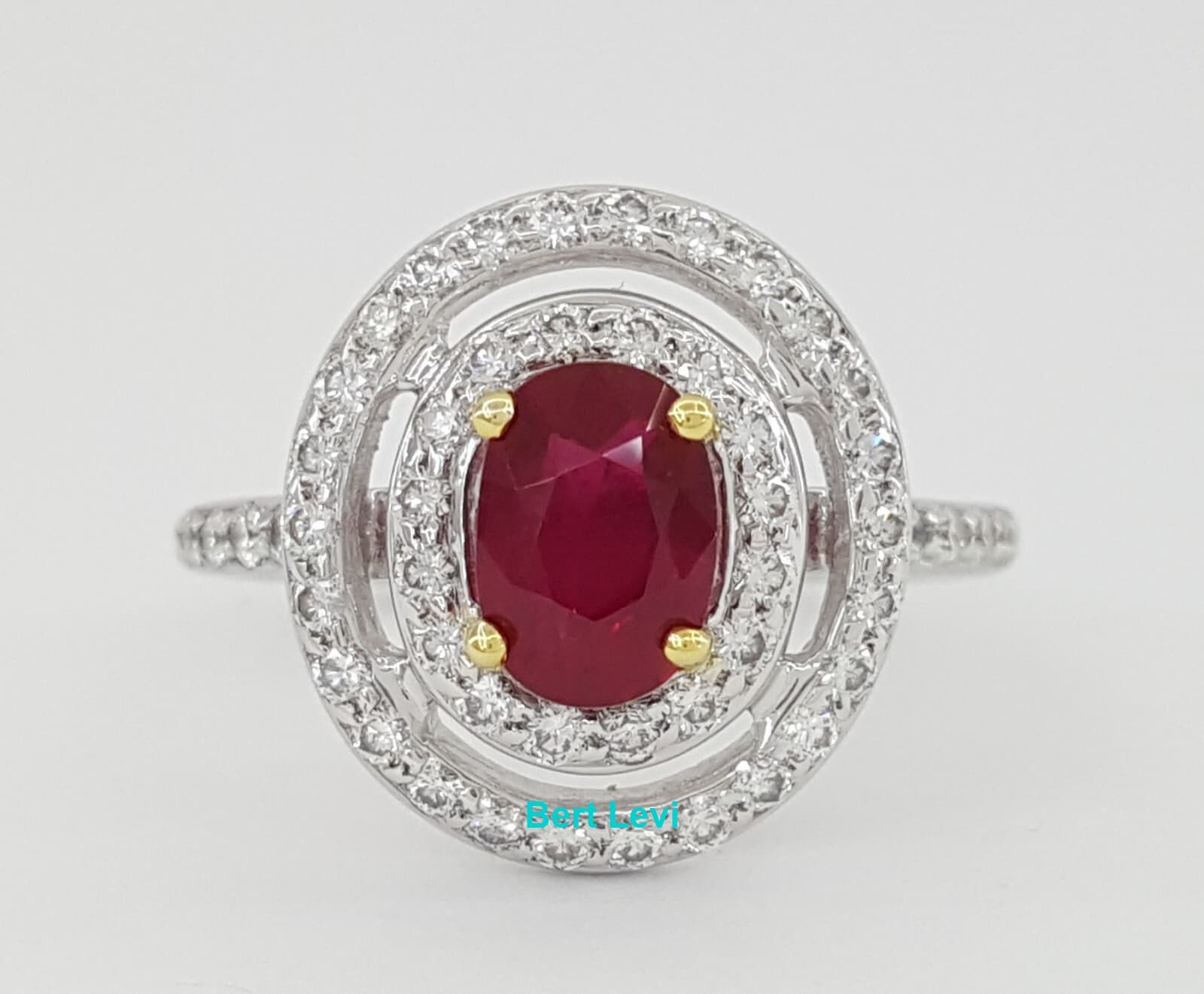Oval Cut Ruby & Round Diamond Double Halo Engagement Ring 18k White Gold 1.9 ct