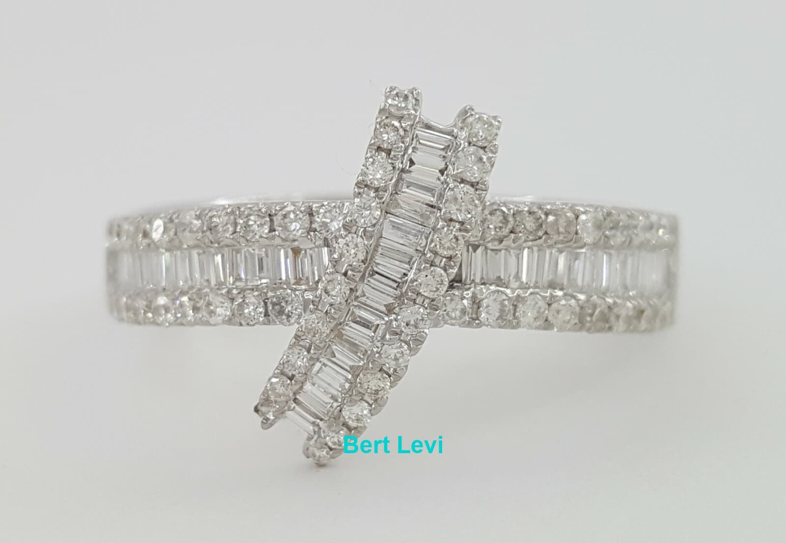 3-Row Round & Baguette Cut Diamond "X" Ring 0.72 ct 18K White Gold