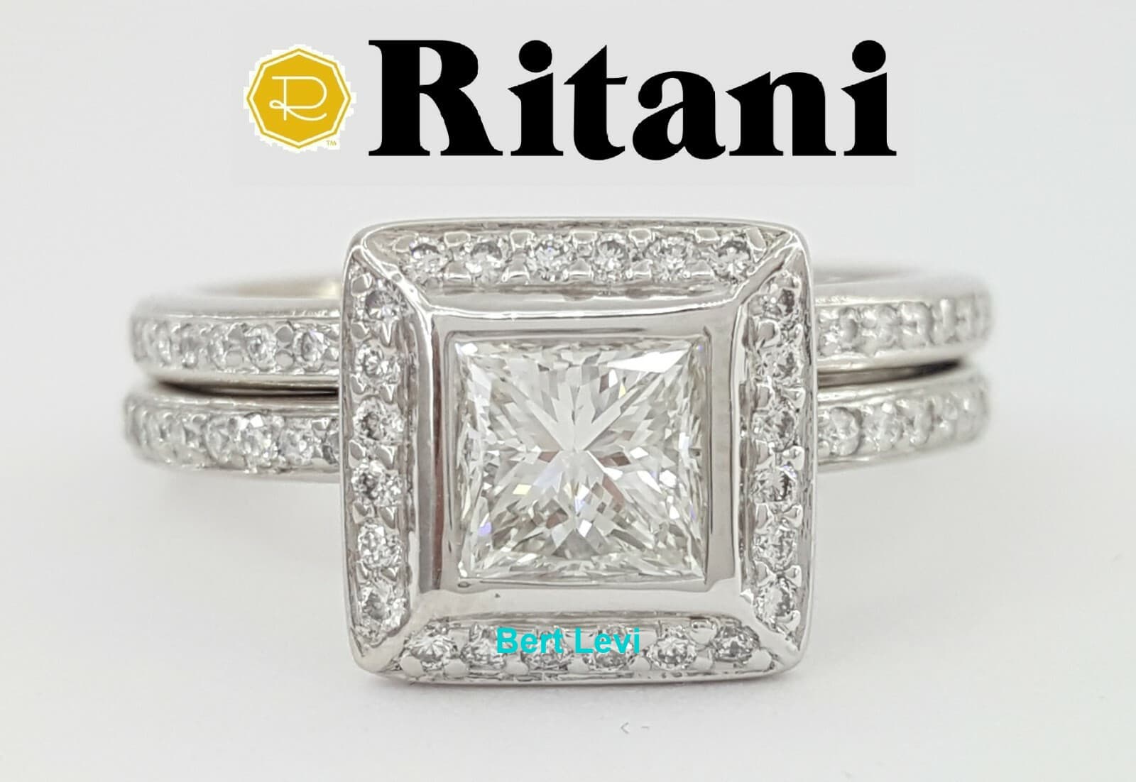 Ritani Platinum Princess Diamond Engagement Ring Wedding Set 1.68 ct RTL $12,000