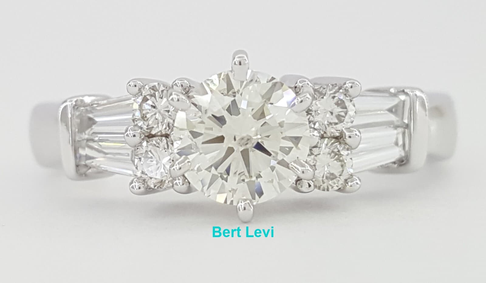 Round Brilliant & Baguette Diamond Engagement Ring 1.1 ct 14k White Gold Rtl $4K