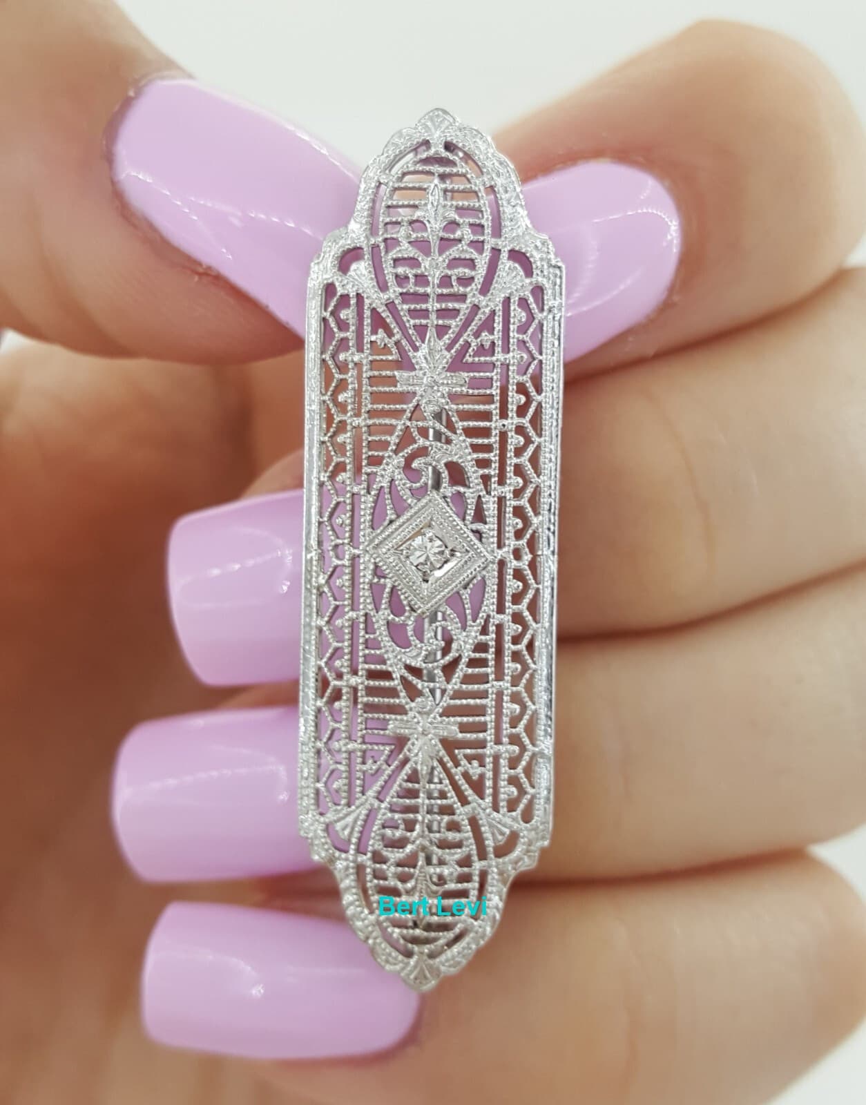 Antique Art Deco Diamond Brooch 10k White Gold 1.65"