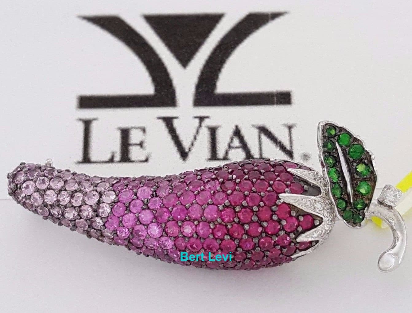 LeVian Round Diamond Ruby Sapphire Chili Pepper Brooch 4.74 ct 14K Gold $5,197