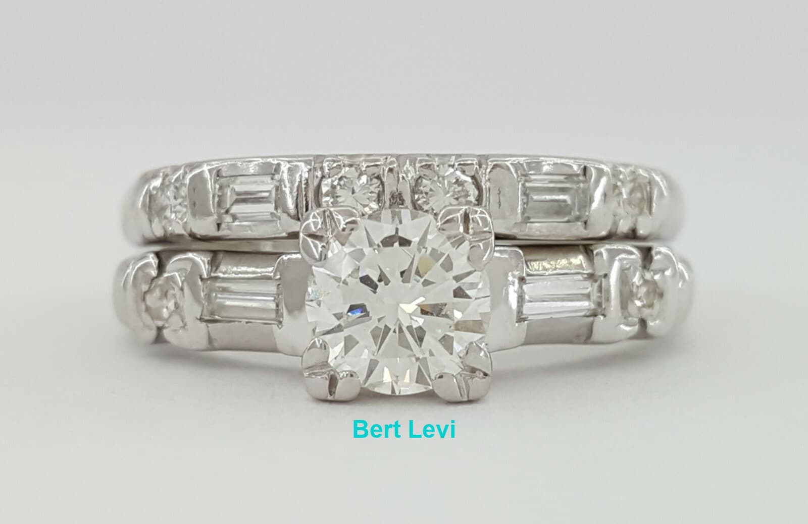 Round & Baguette Cut Diamond Engagement Ring Set 0.75 ct 14K Gold & Platinum