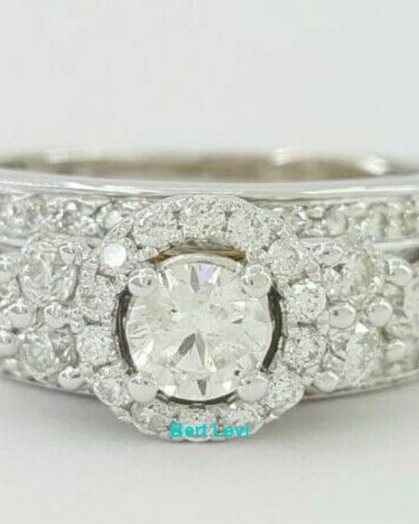 1.62 ct 14K White Gold Round Diamond Wedding Halo Engagement Wedding Ring Set