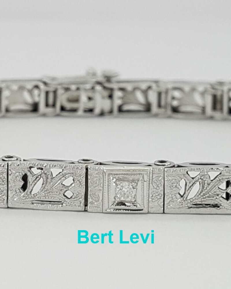 Antique Sapphire 14K White Gold & Old Euro Cut Diamond Bar Bracelet 8.6 grams 7"