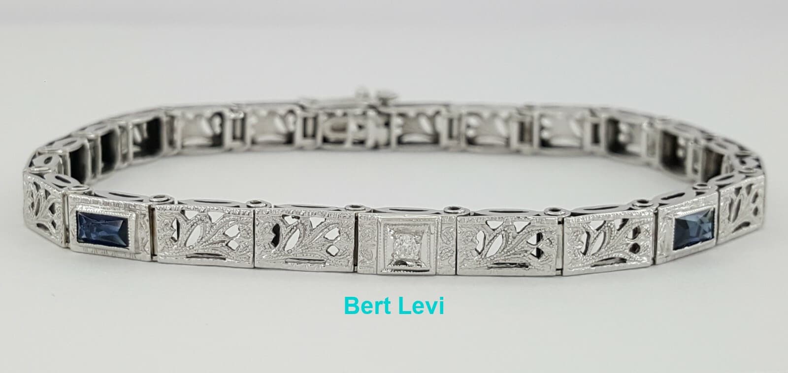 Antique Sapphire 14K White Gold & Old Euro Cut Diamond Bar Bracelet 8.6 grams 7"
