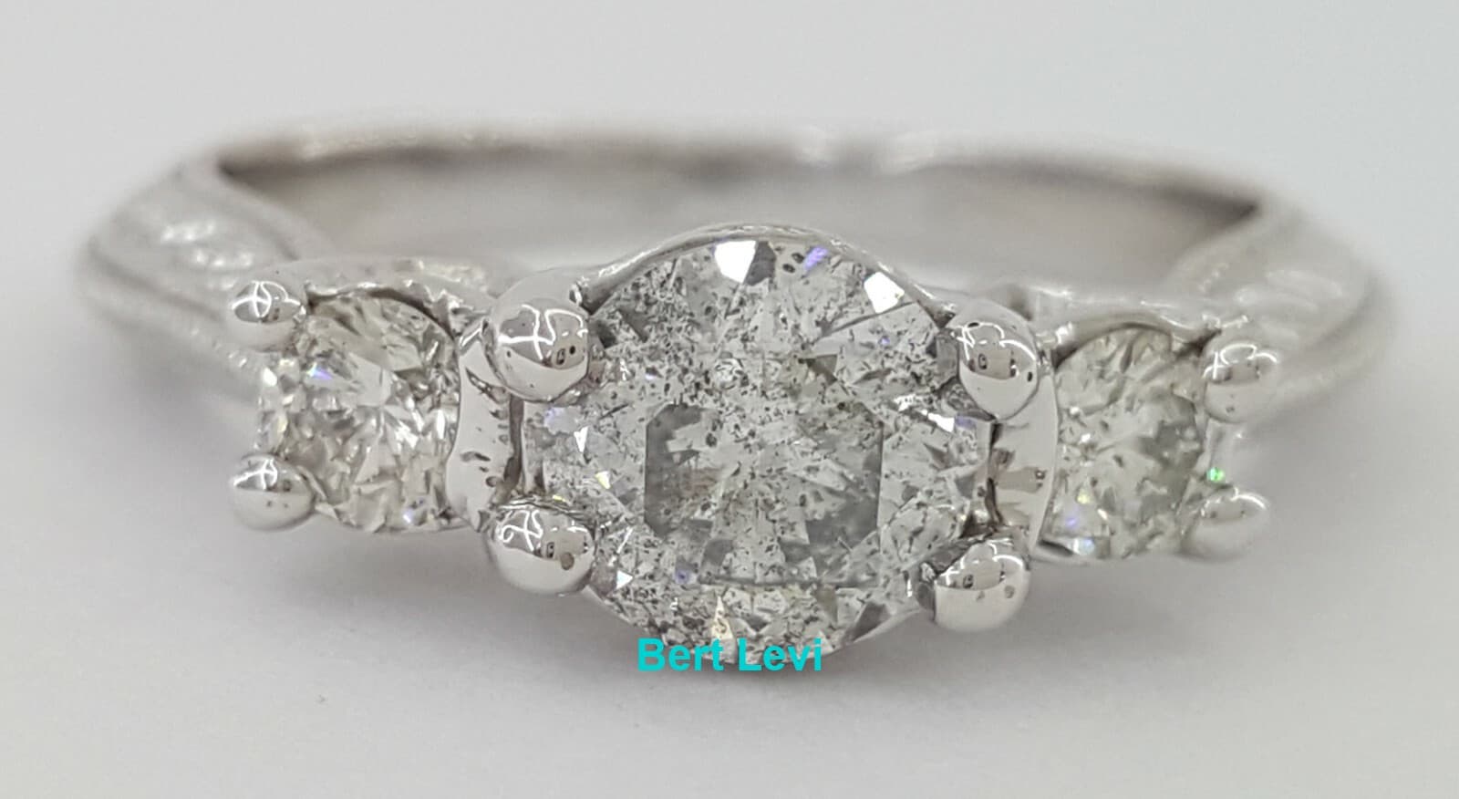 1.17 ct 14k White Gold Three 3 Stone Salt & Pepper Round Diamond Engagement Ring