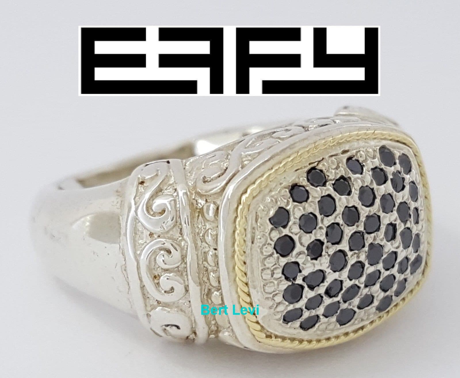 EFFY 925 Sterling Silver & 18k Gold 0.5 ct Round Cut Black Diamond Fashion Ring
