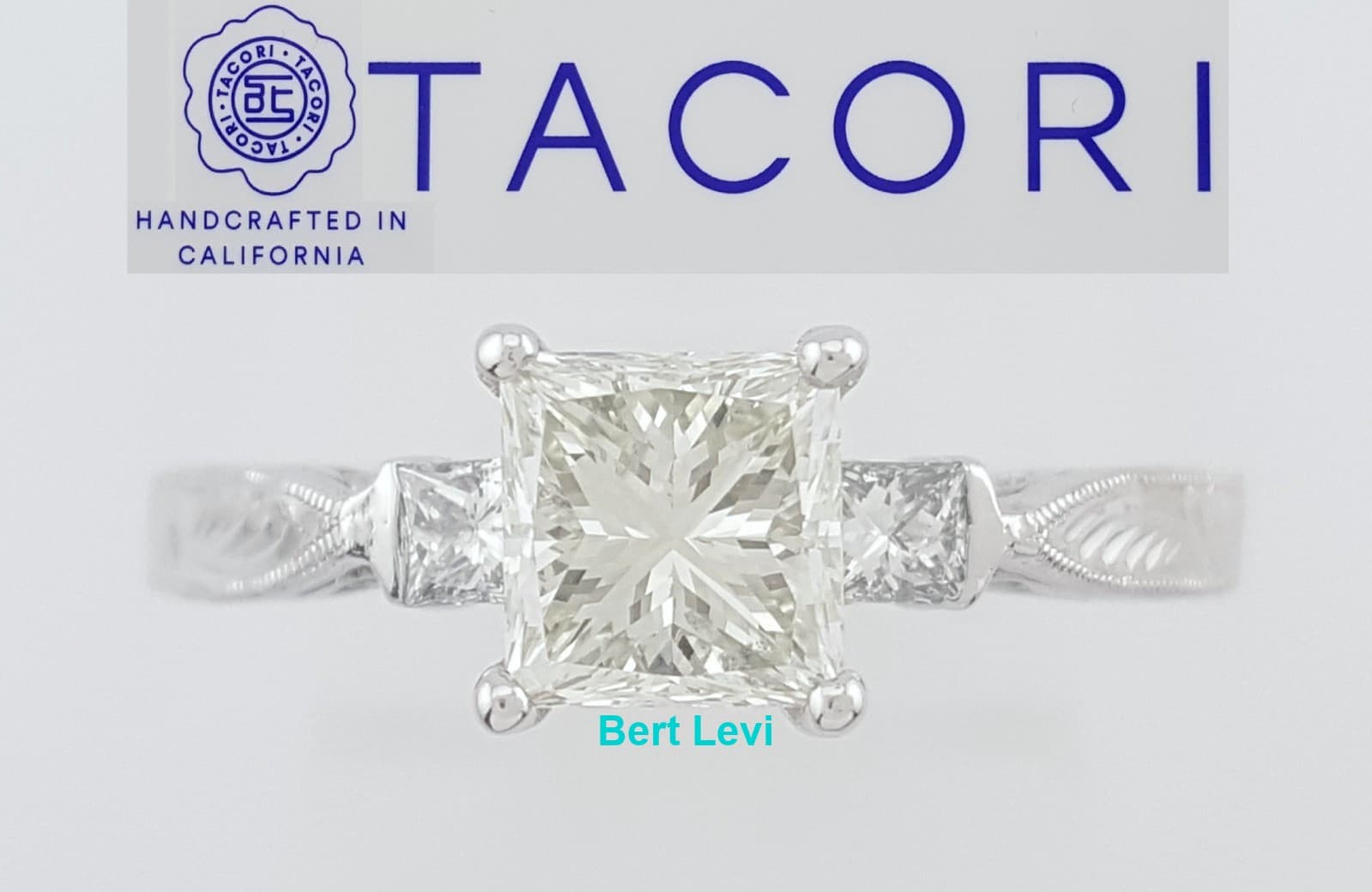 Tacori Princess Diamond 3 Stone Hand Engraved Engagement Ring 1.22 ct Platinum
