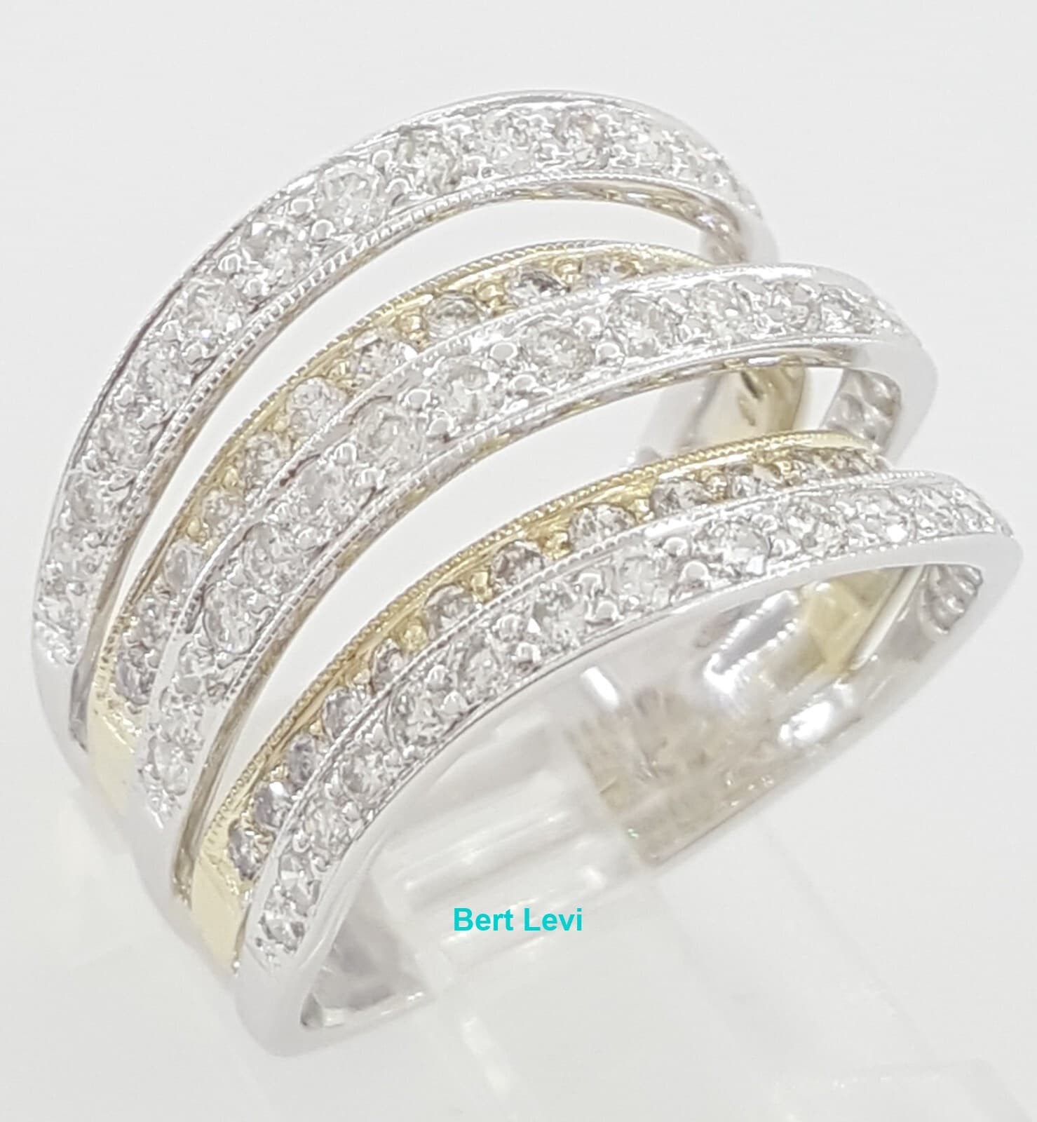 Five Row Round Diamond Statement Ring 1.5 ct 14K White & Yellow Gold