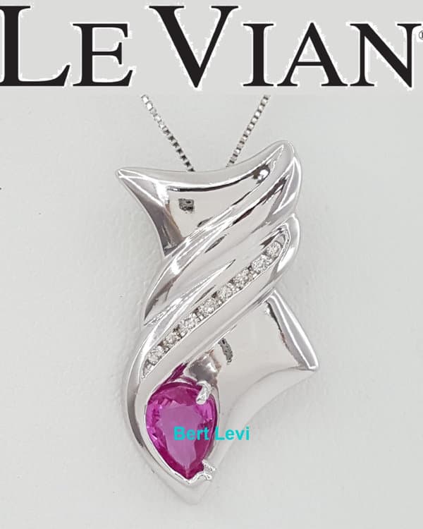 LeVian Pear Pink Sapphire & Diamond Fish Pendant / Necklace 14K White Gold 18"