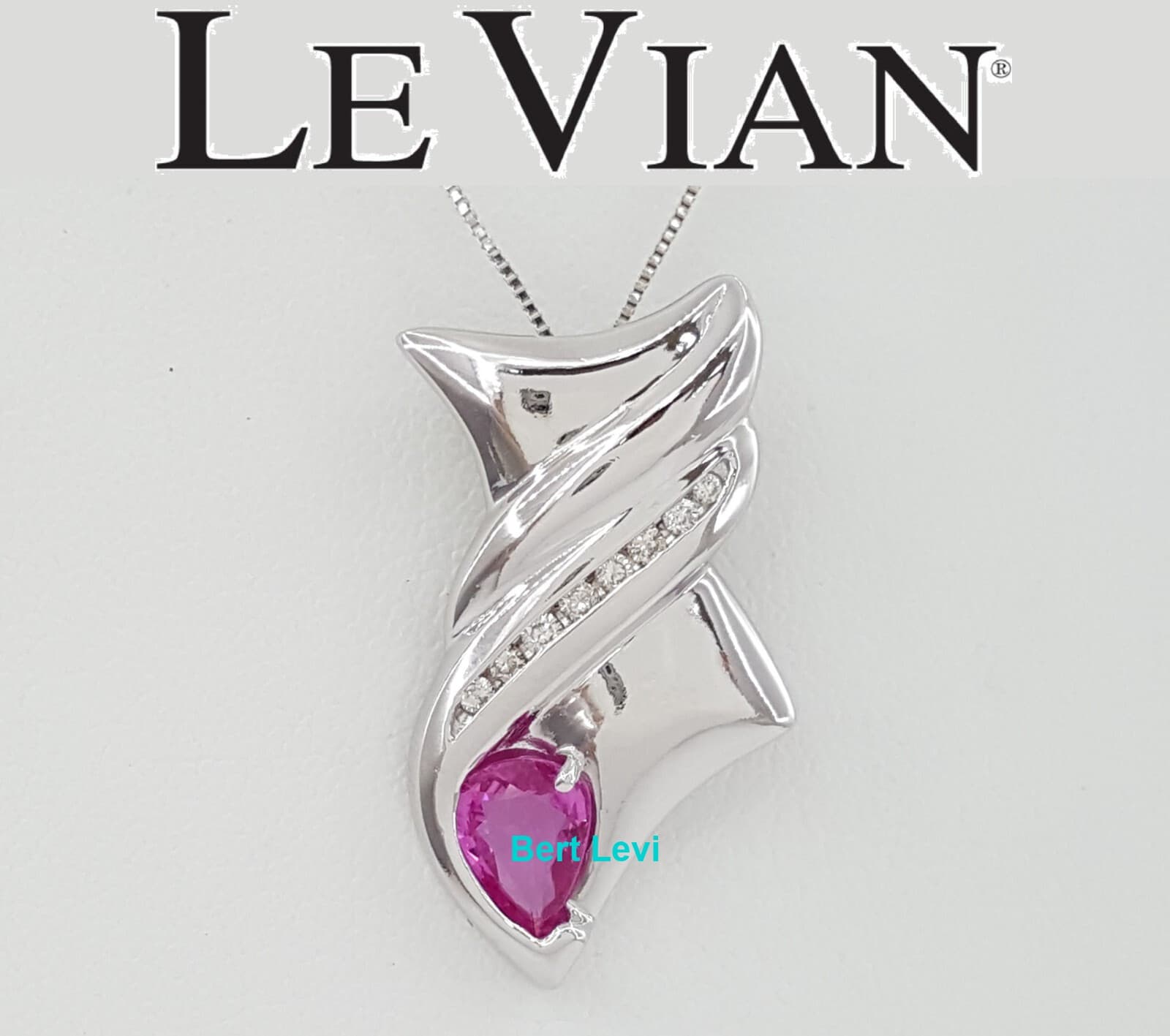 LeVian Pear Pink Sapphire & Diamond Fish Pendant / Necklace 14K White Gold 18"