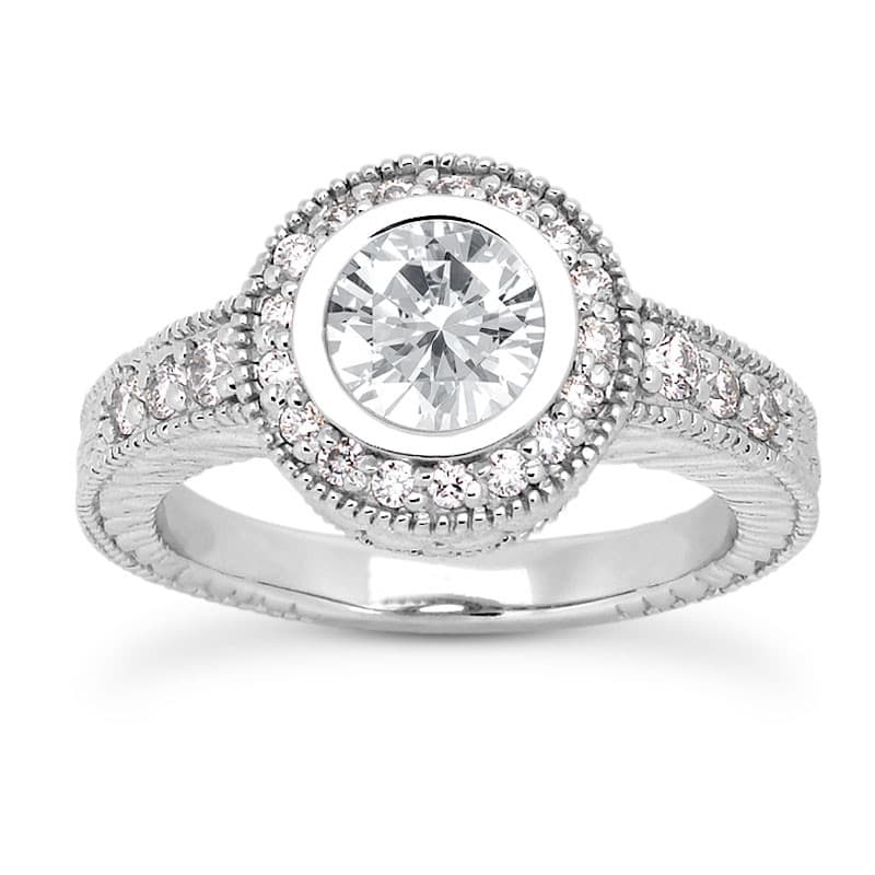 Ladies 14KT White Gold Platinum Round Diamond Halo Engagement Set ENS432-A