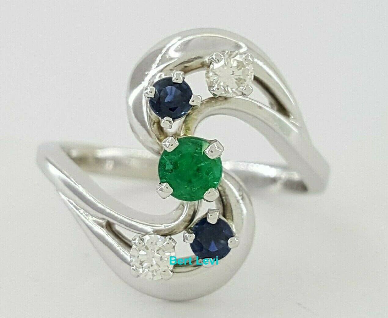 0.12 ct 14K White Gold Round Cut Diamond Sapphire & Emerald Ring
