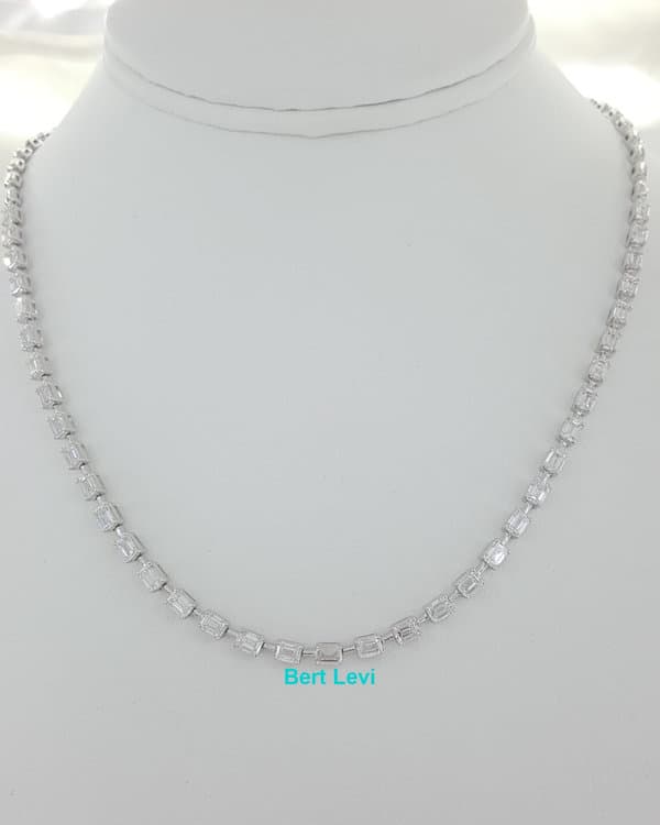 Emerald Cut Line Diamond Tennis Necklace 17" 14kw Gold 15 Grams 7 ct Rtl $21K