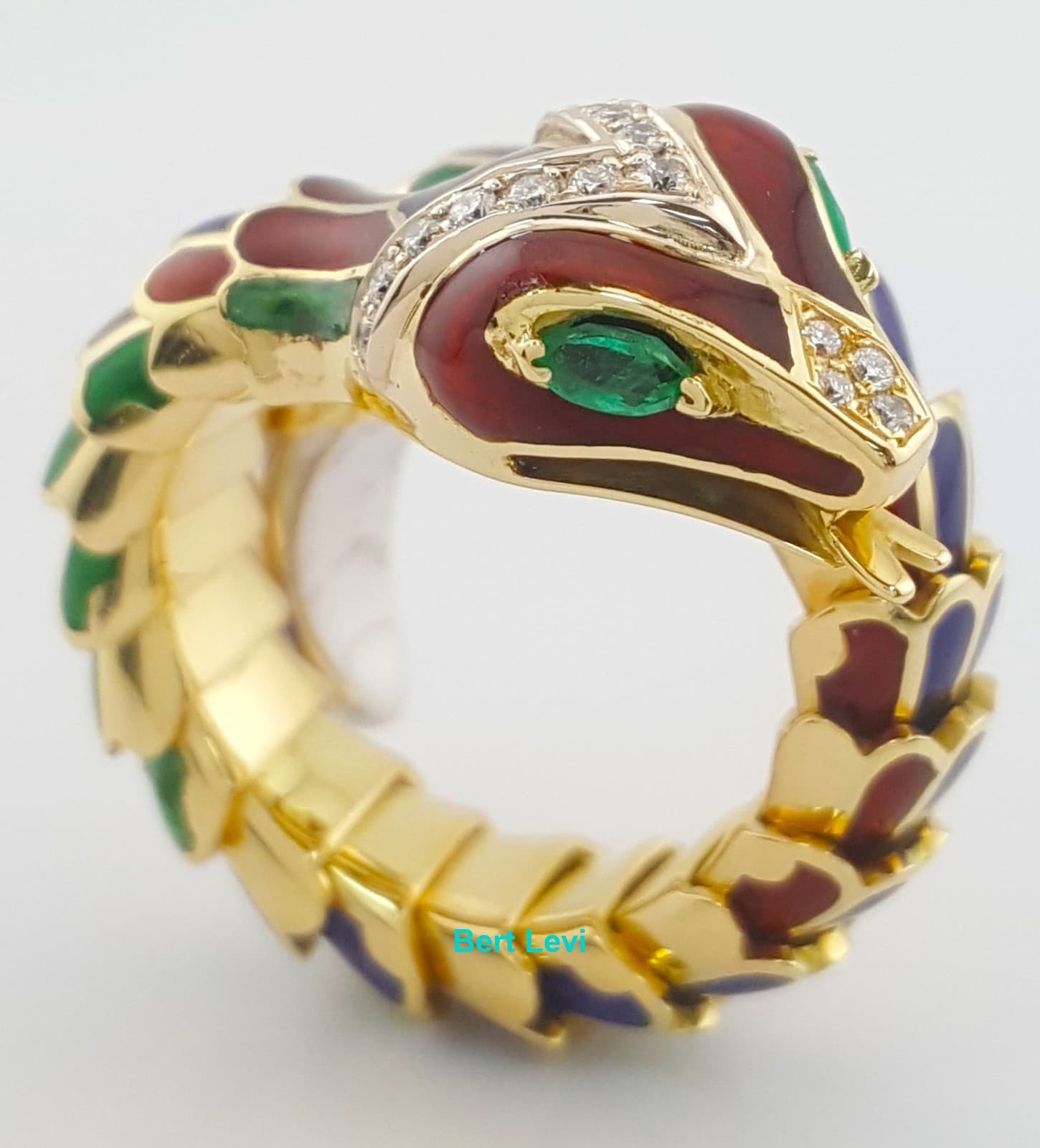 Enamel Diamond Emerald Snake Viper Flex Ring 18K Gold Italy 21.5 Grams