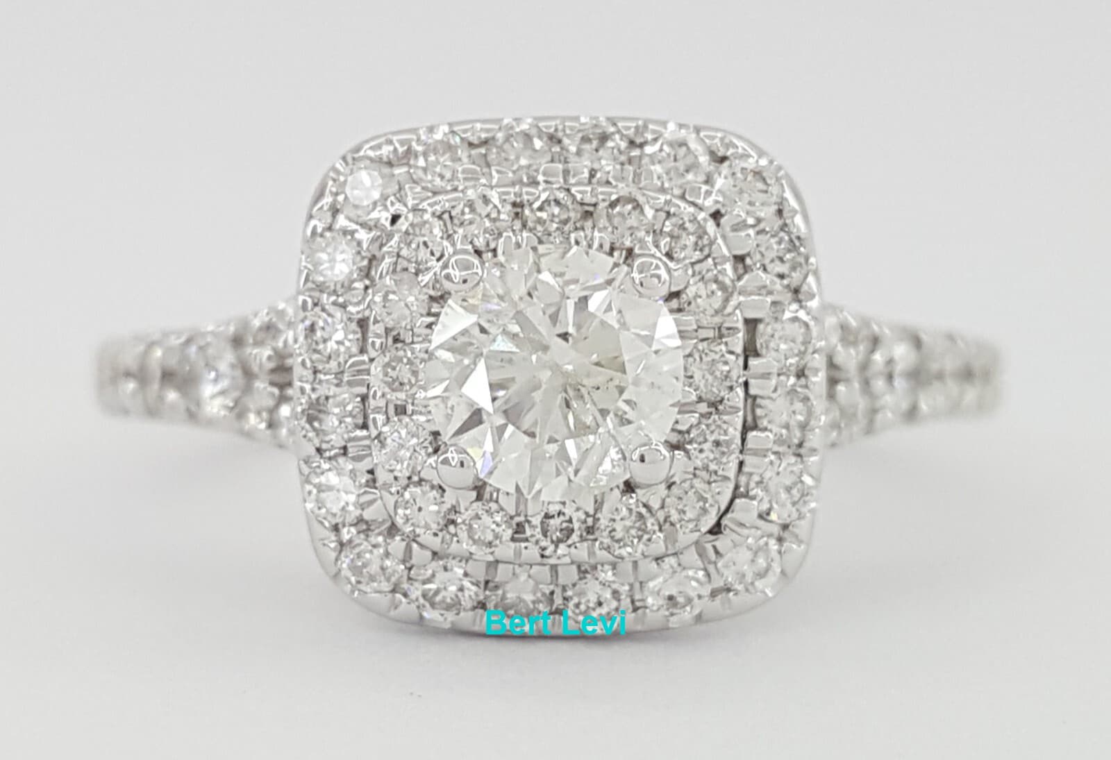 Round Diamond Double Halo Split Shank Engagement Ring 14k White Gold 0.82 ct