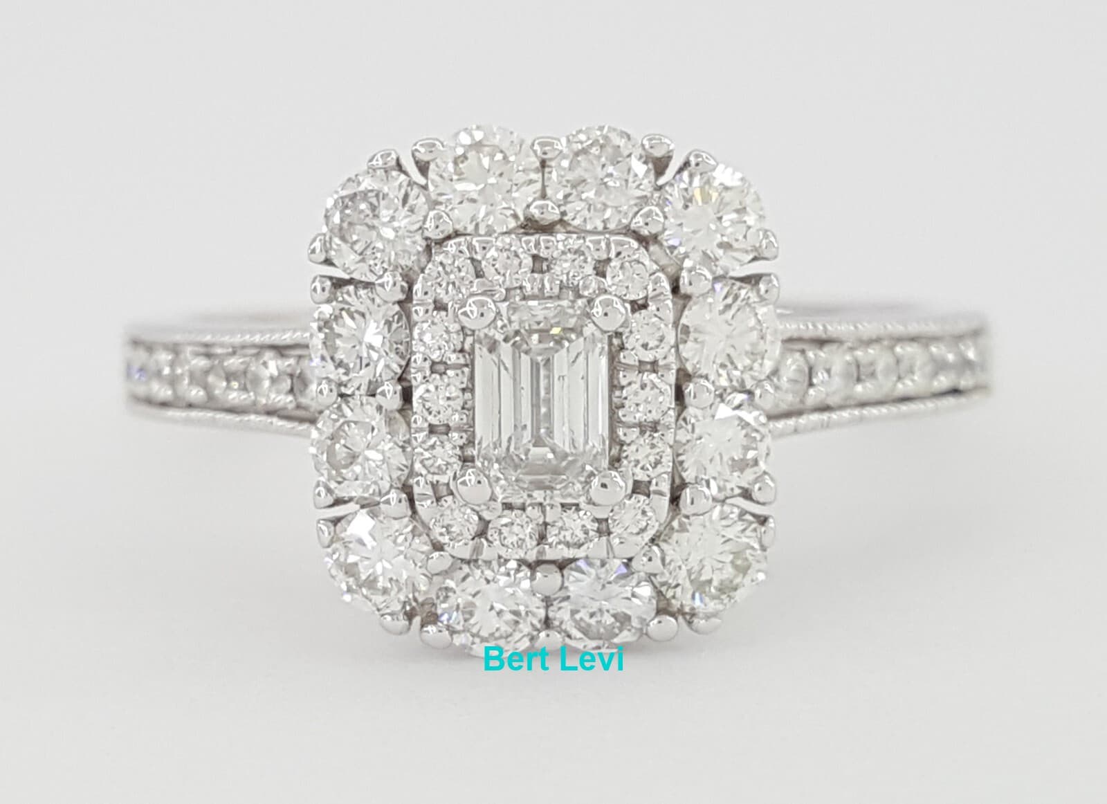 Emerald Diamond Double Halo 14k White Gold Engagement Ring 1 ct Retail $3K