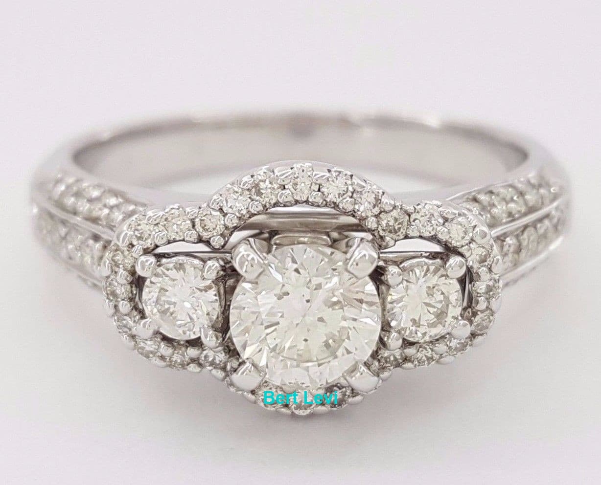 Three-Stone Round Cut Halo Diamond Engagement / Anniversary Ring 1 ct 14K