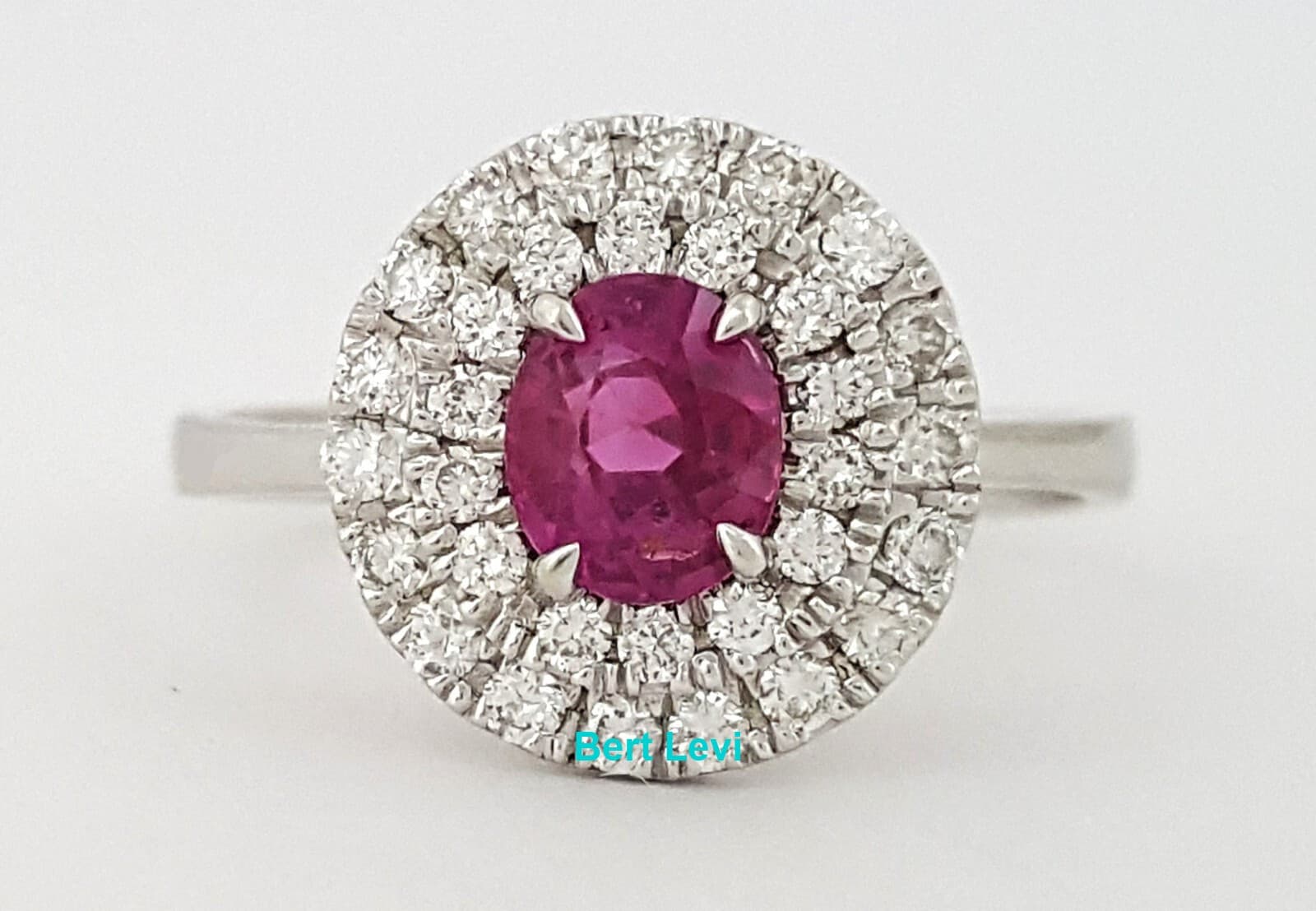 Oval Burma No Heat Ruby & Diamond Double Halo Ring in 18K White Gold 1.2 ct