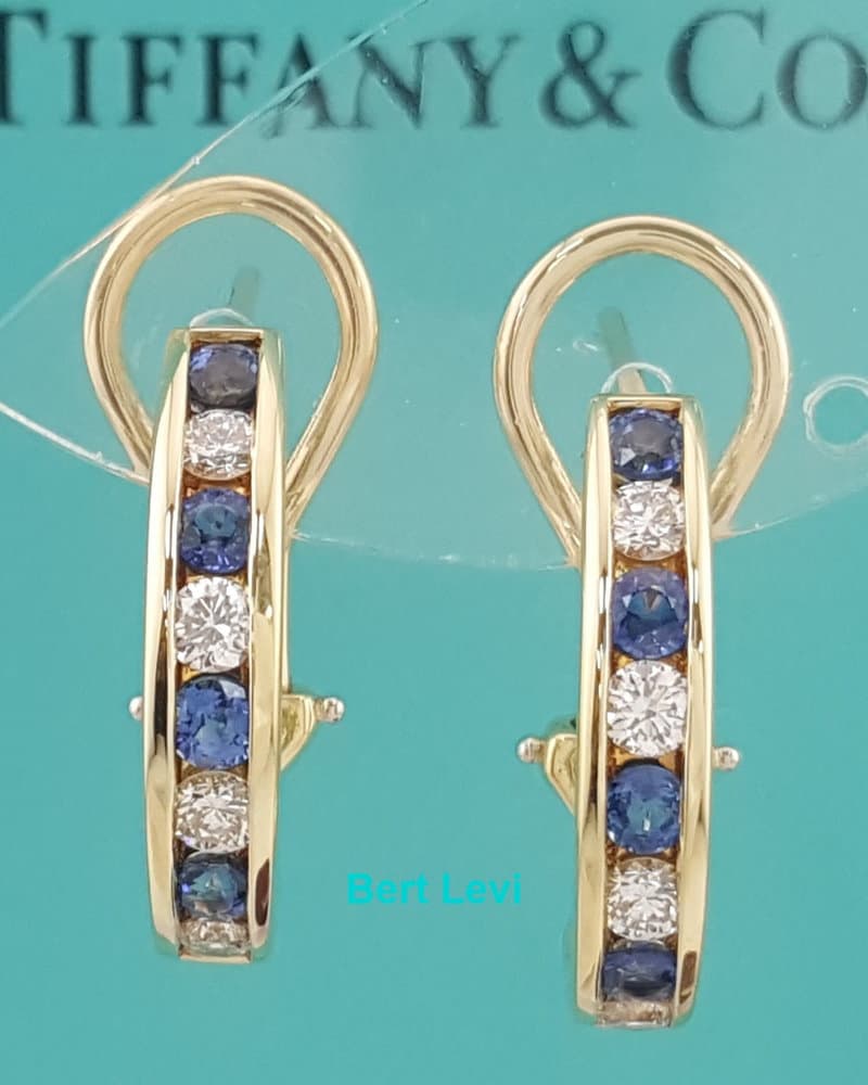 Tiffany & Co Round Diamond & Sapphire 1.36 ct 18K Yellow Gold Omega Earrings