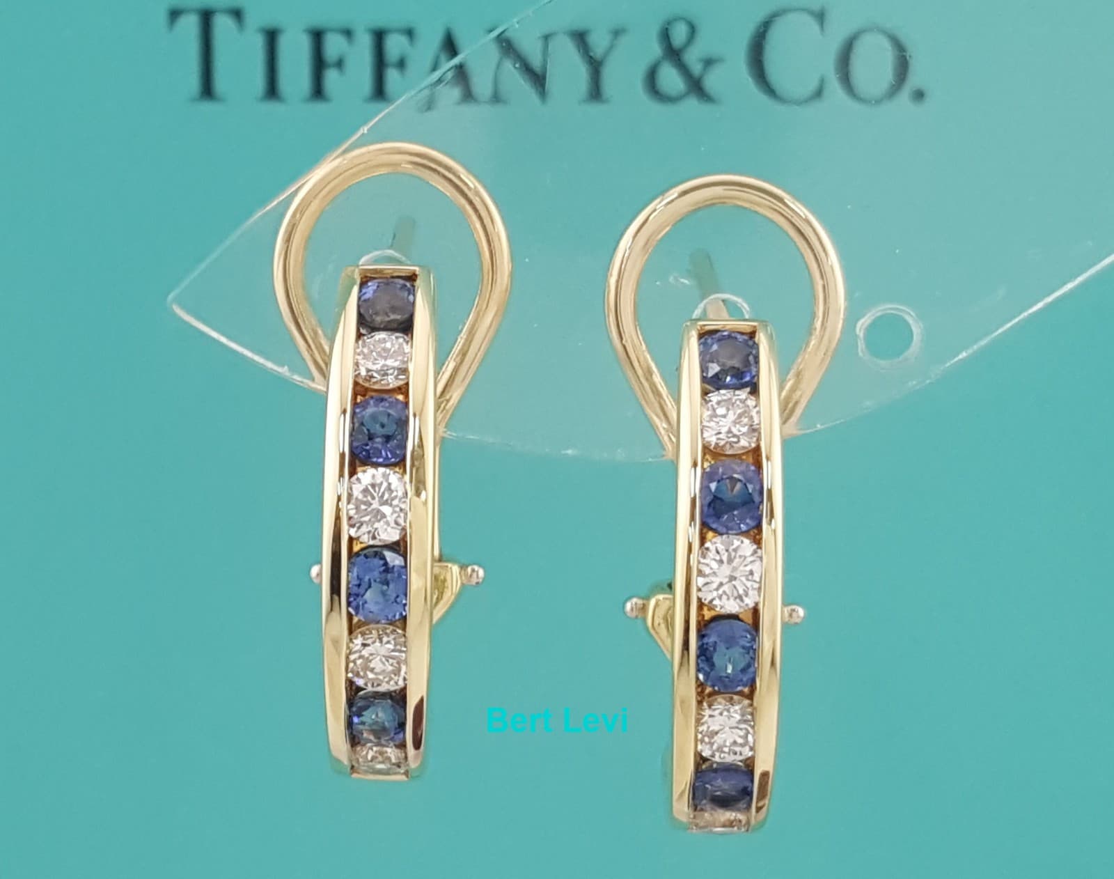 Tiffany & Co Round Diamond & Sapphire 1.36 ct 18K Yellow Gold Omega Earrings