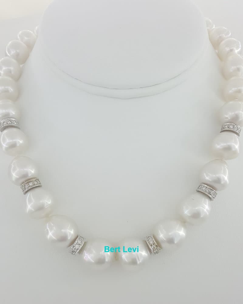South Sea Pearl Diamond Choker Necklace 1.5 ct 16.5" 18k White Gold