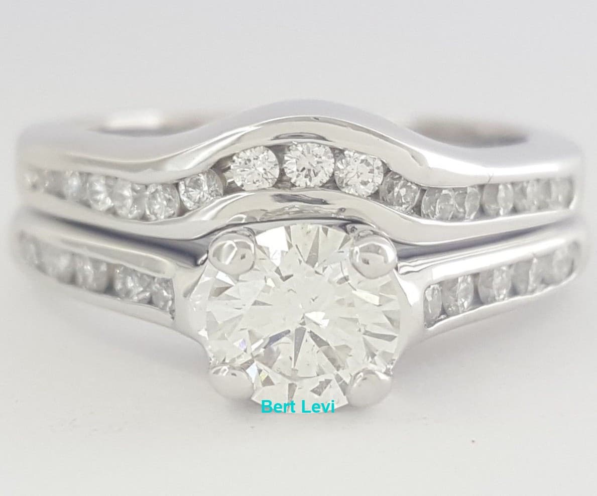 Round Cut Diamond Channel Wedding Engagement Ring Set 0.86 ct 14K White Gold