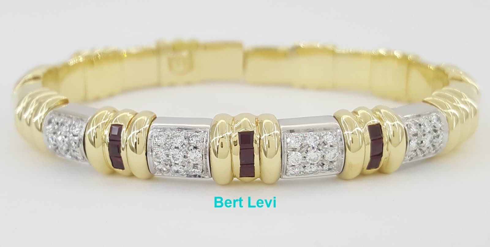 Pave Diamond & Ruby Bangle Bracelet Italy 0.72 ct 18K Two-Tone Gold 32.7 Grams