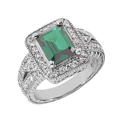 Ladies 14KT White Gold Platinum Emerald Cut Diamond Color Stone Ring CSR445