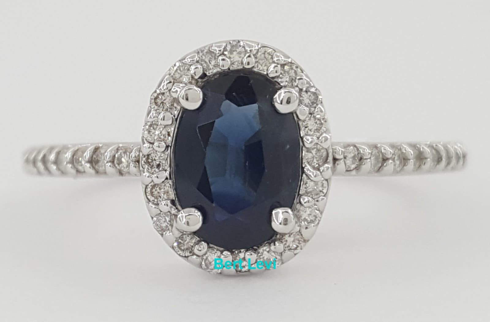 Oval Blue Sapphire & Diamond Halo 14k White Gold Engagement Ring 0.9 ct