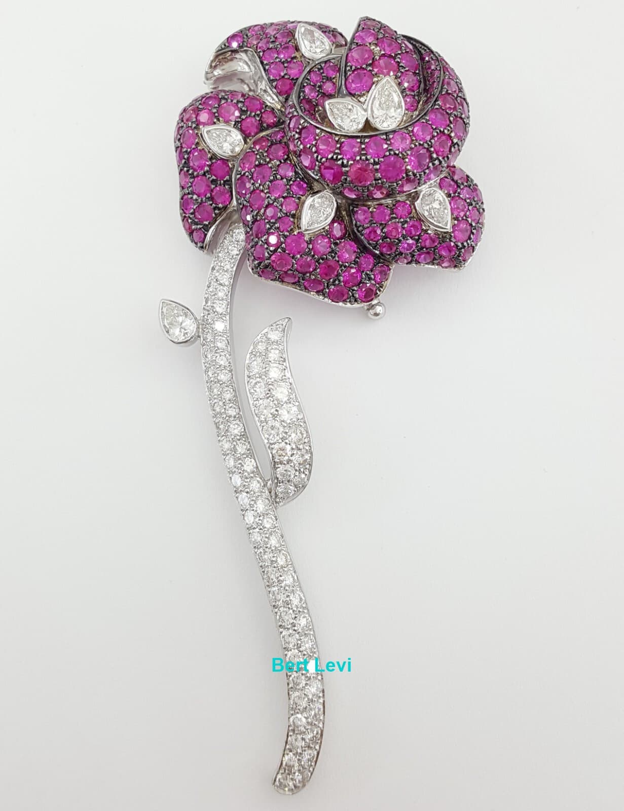Rose Brooch 18K White Gold 14.26 ct Round & Pear Cut Diamonds & Pink Sapphires