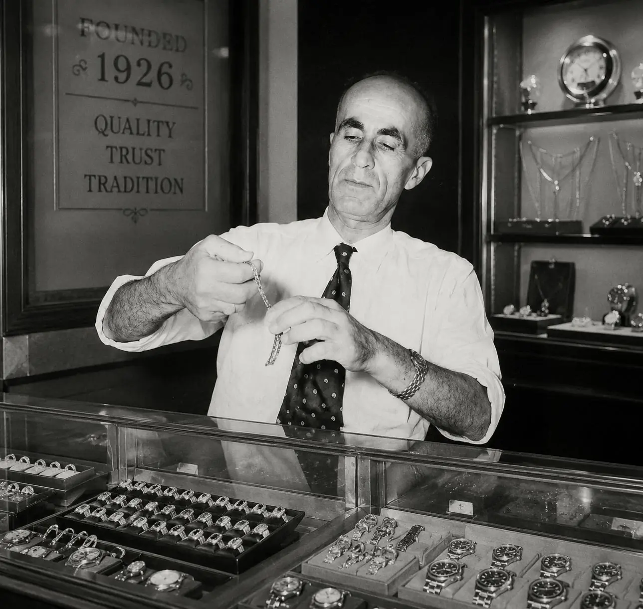 Daniel Levi, the first generation, inspecting a chain behind the shop counter