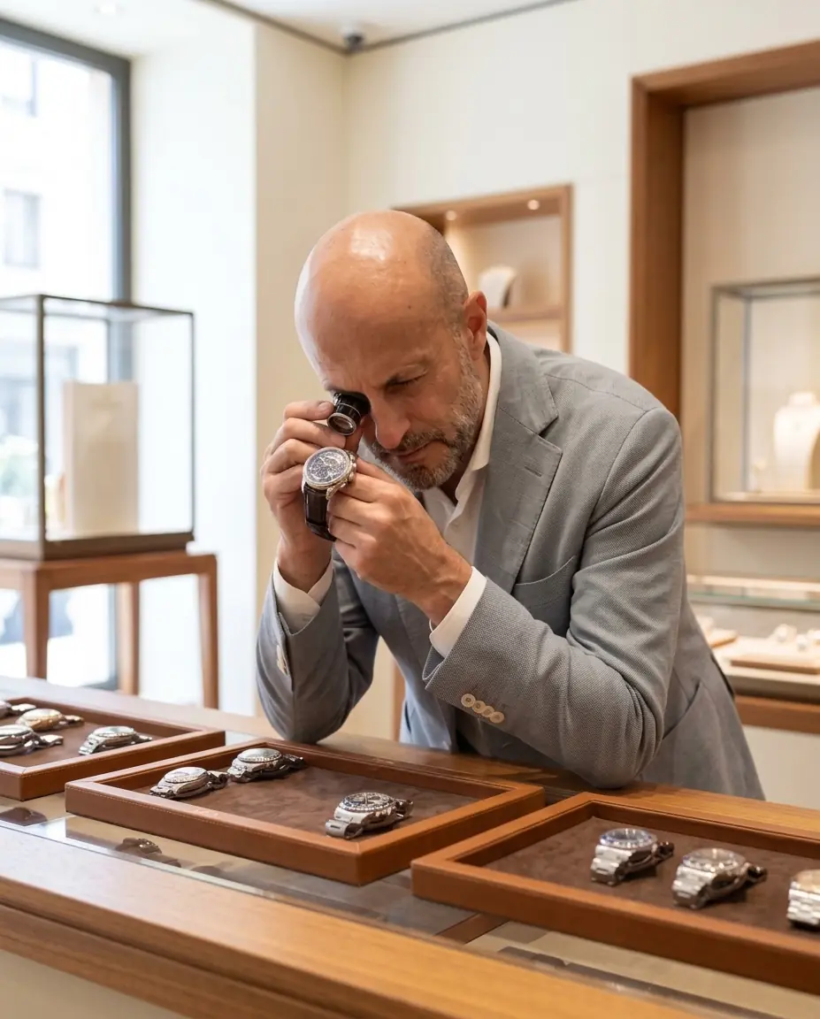 A jeweler examining a watch with a loupe at the La Jolla showroom counter