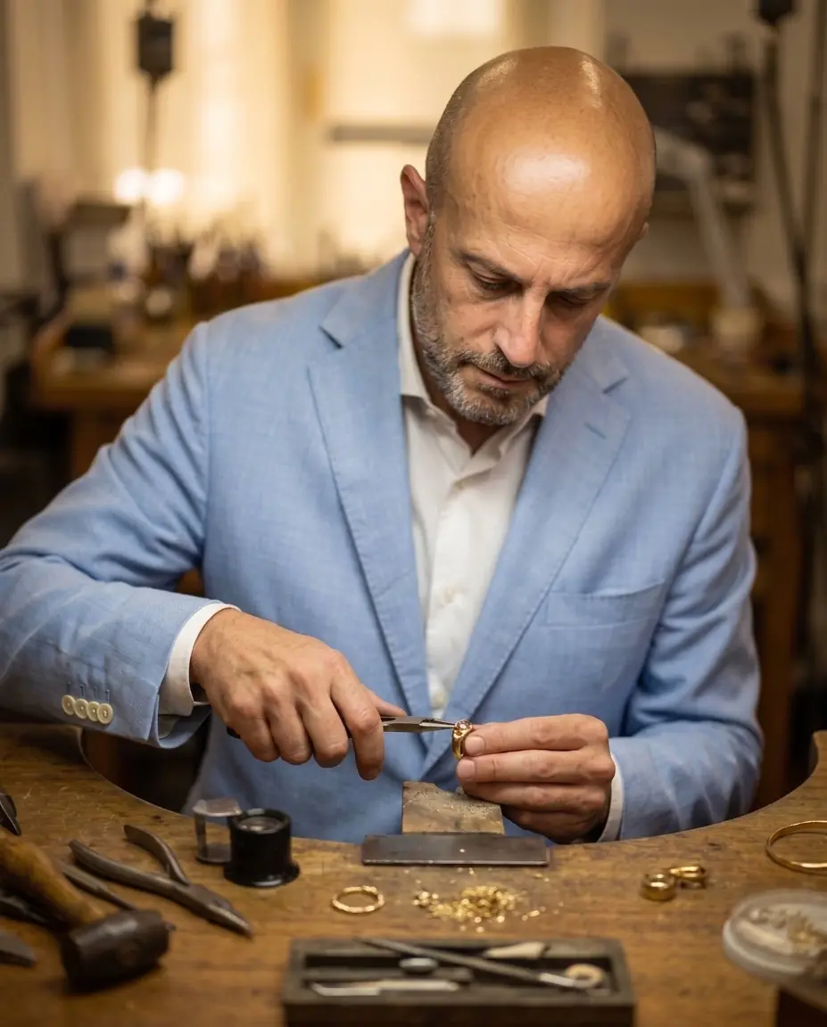 A jeweler working on a ring at the bench in the La Jolla workshop